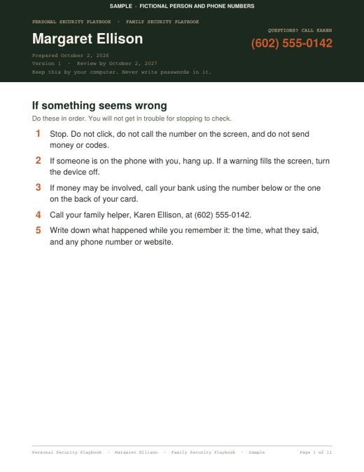 Sample playbook cover and emergency page: five numbered steps under the heading If something seems wrong
